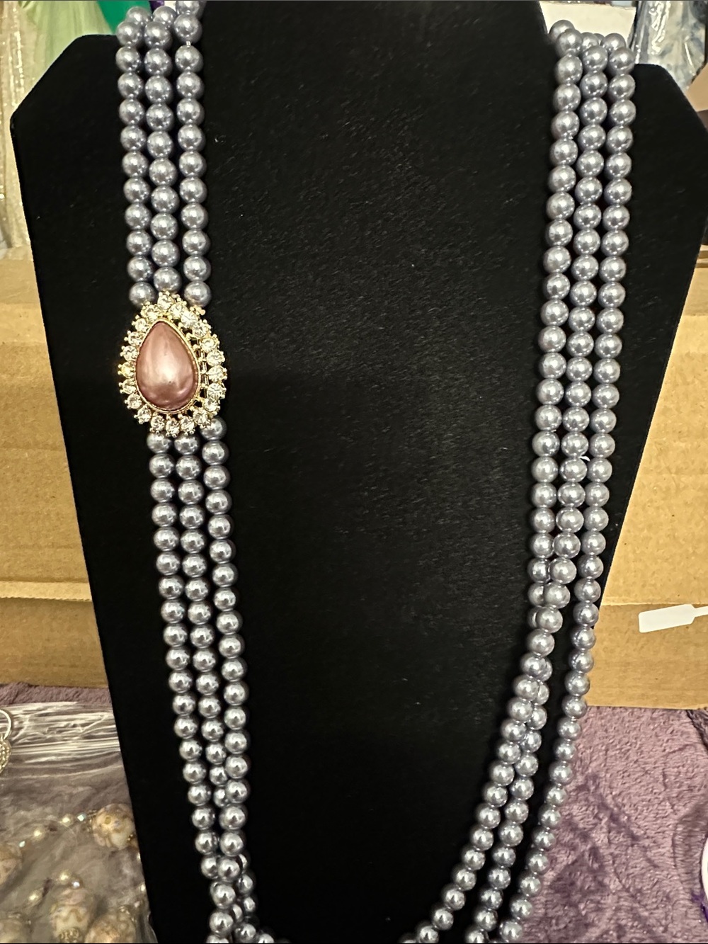 Pearl-Style Gray Multi-Strand Necklace with Pink Teardrop Accent